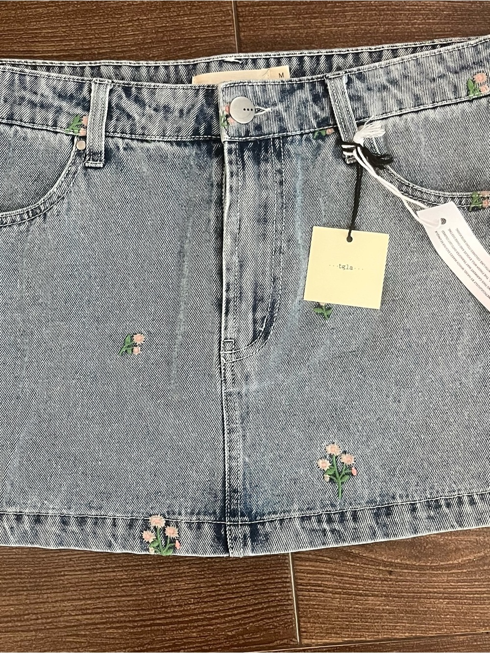 Light Wash Denim Mini Skirt with Pink Floral Embroidery